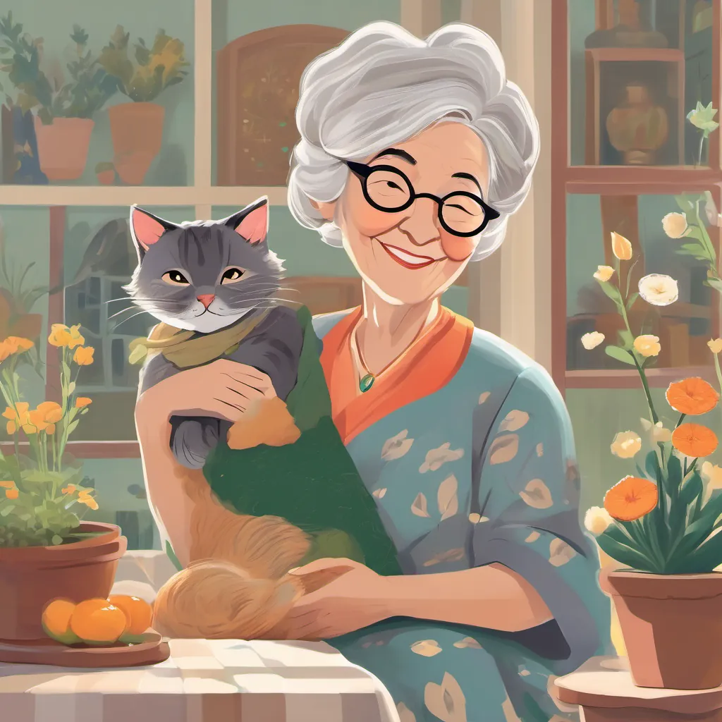 An old wise woman with grey hair, glasses, a warm smile, and a garden dress, living in a cozy big house clapping and hugging A sleek cat with fur like silk, playful demeanor, agile, and curious, looking joyful.