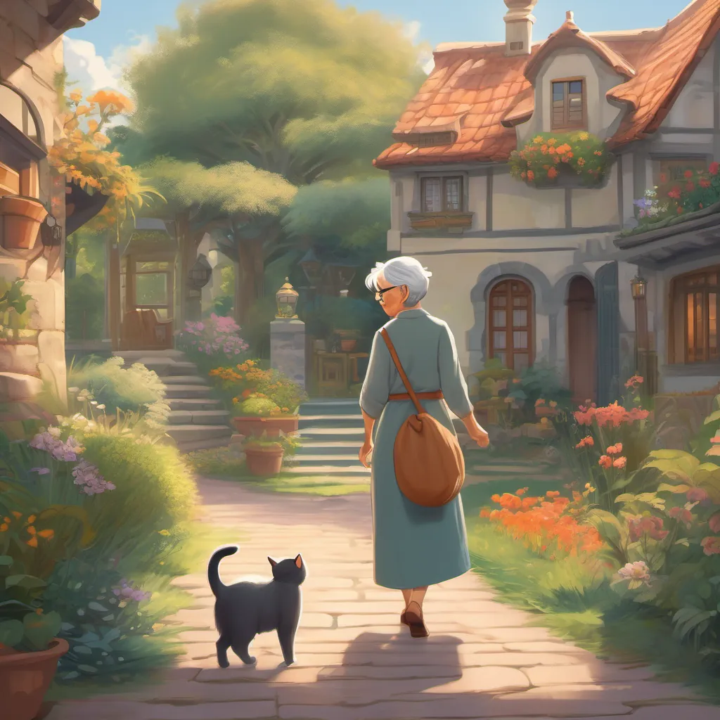 A sleek cat with fur like silk, playful demeanor, agile, and curious walking away from the house, with An old wise woman with grey hair, glasses, a warm smile, and a garden dress, living in a cozy big house waving goodbye.