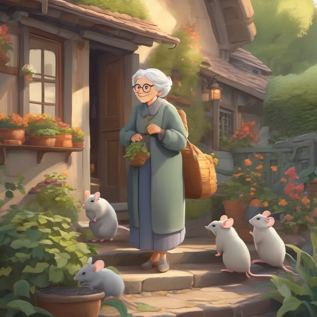 The mice sneaking back into the house as An old wise woman with grey hair, glasses, a warm smile, and a garden dress, living in a cozy big house looks disappointed.