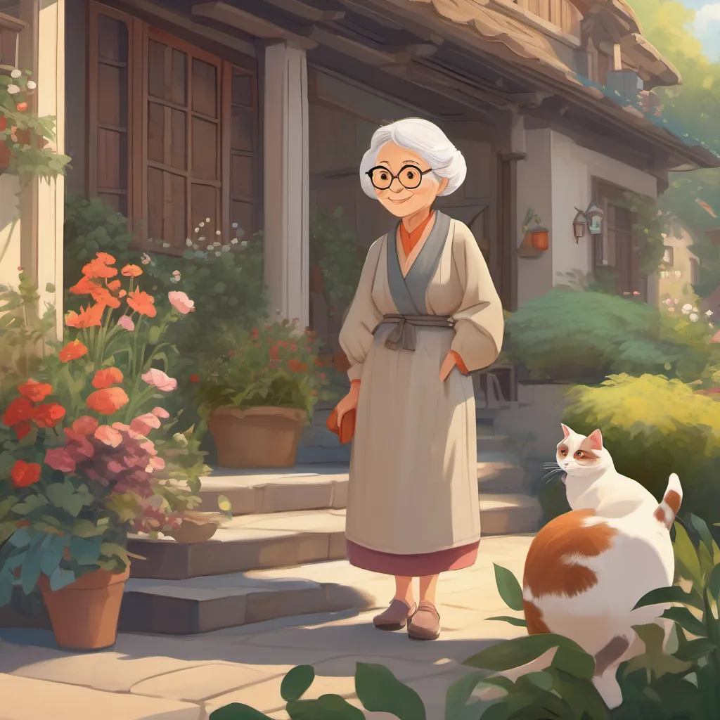 An old wise woman with grey hair, glasses, a warm smile, and a garden dress, living in a cozy big house standing in town asking for A sleek cat with fur like silk, playful demeanor, agile, and curious' return.