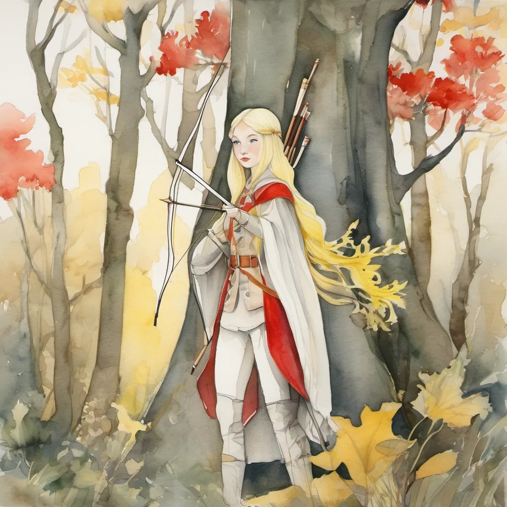 a whimsical forest with tall, whispering trees; young archer girl named Rose