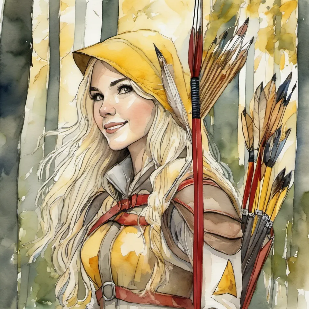 Rose with her quiver full of arrows, smiling and waving in the forest