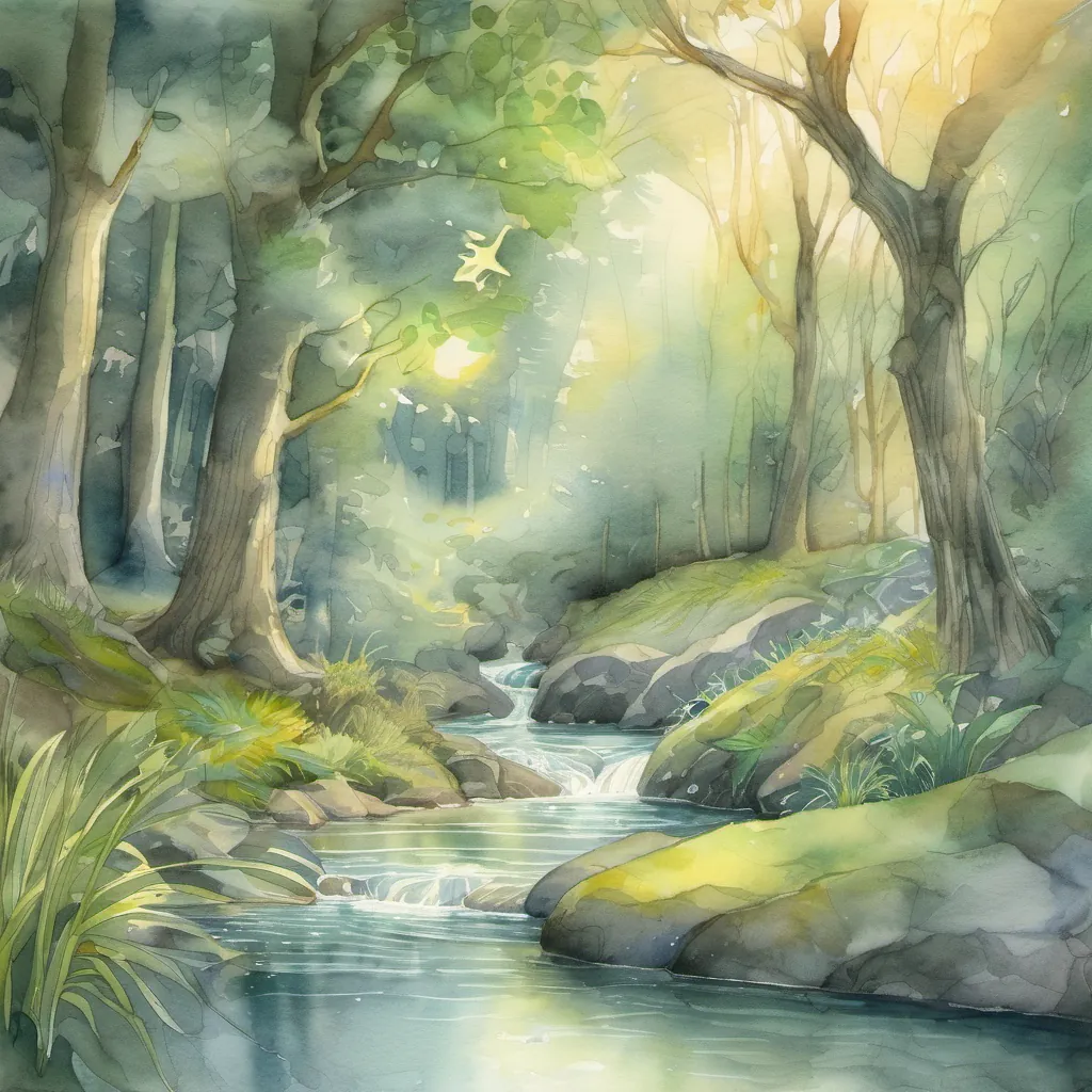 a sparkling stream in a glade with a glowing creature nearby