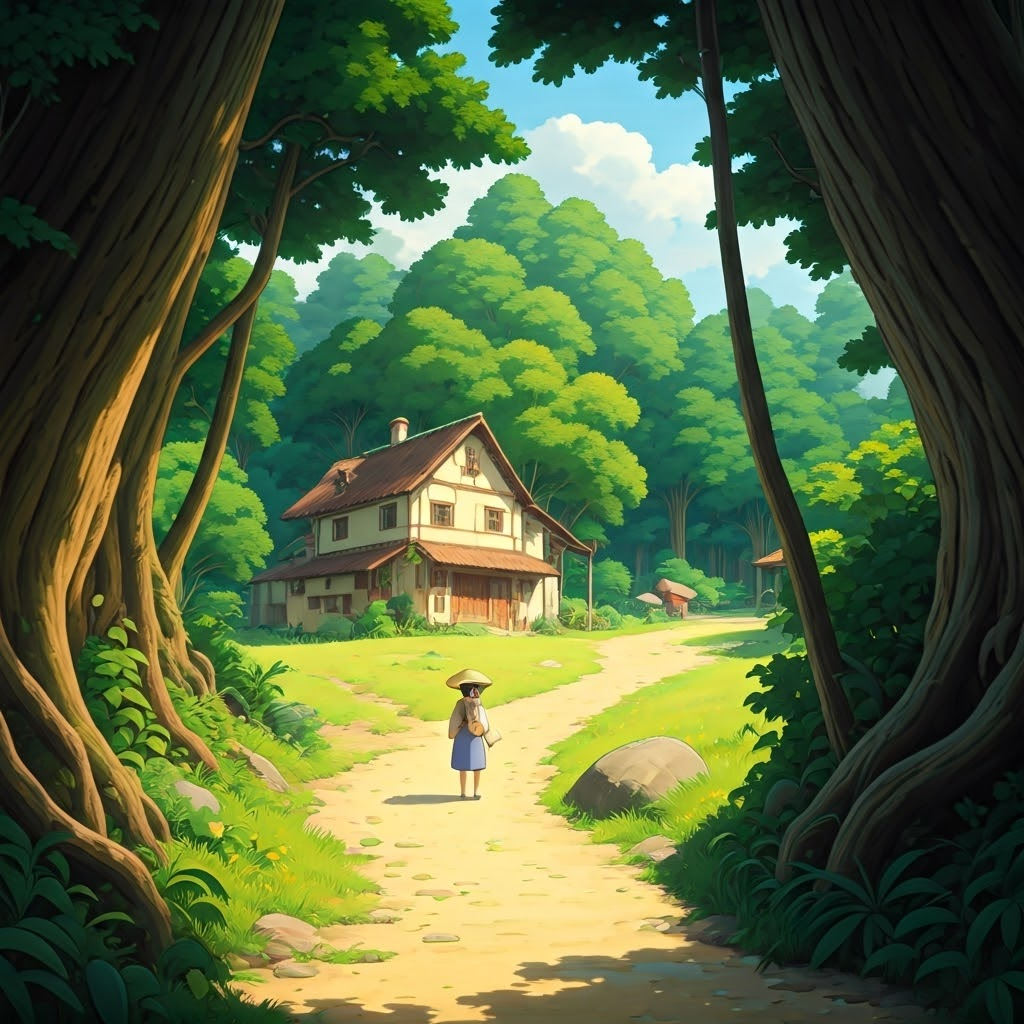 A small village in the middle of a lush green forest, with a river running through it