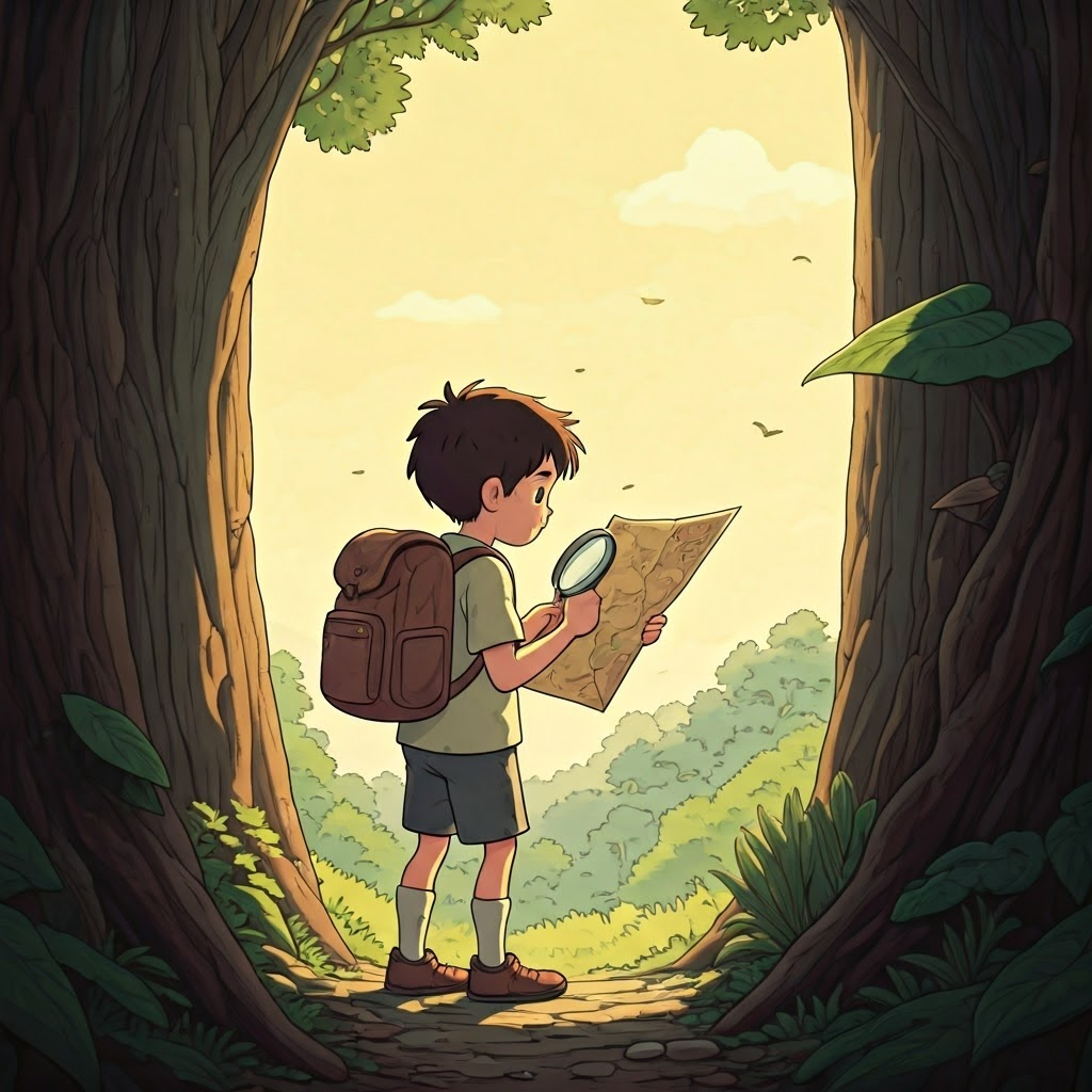 A young boy with a backpack and a magnifying glass looking curiously at a map