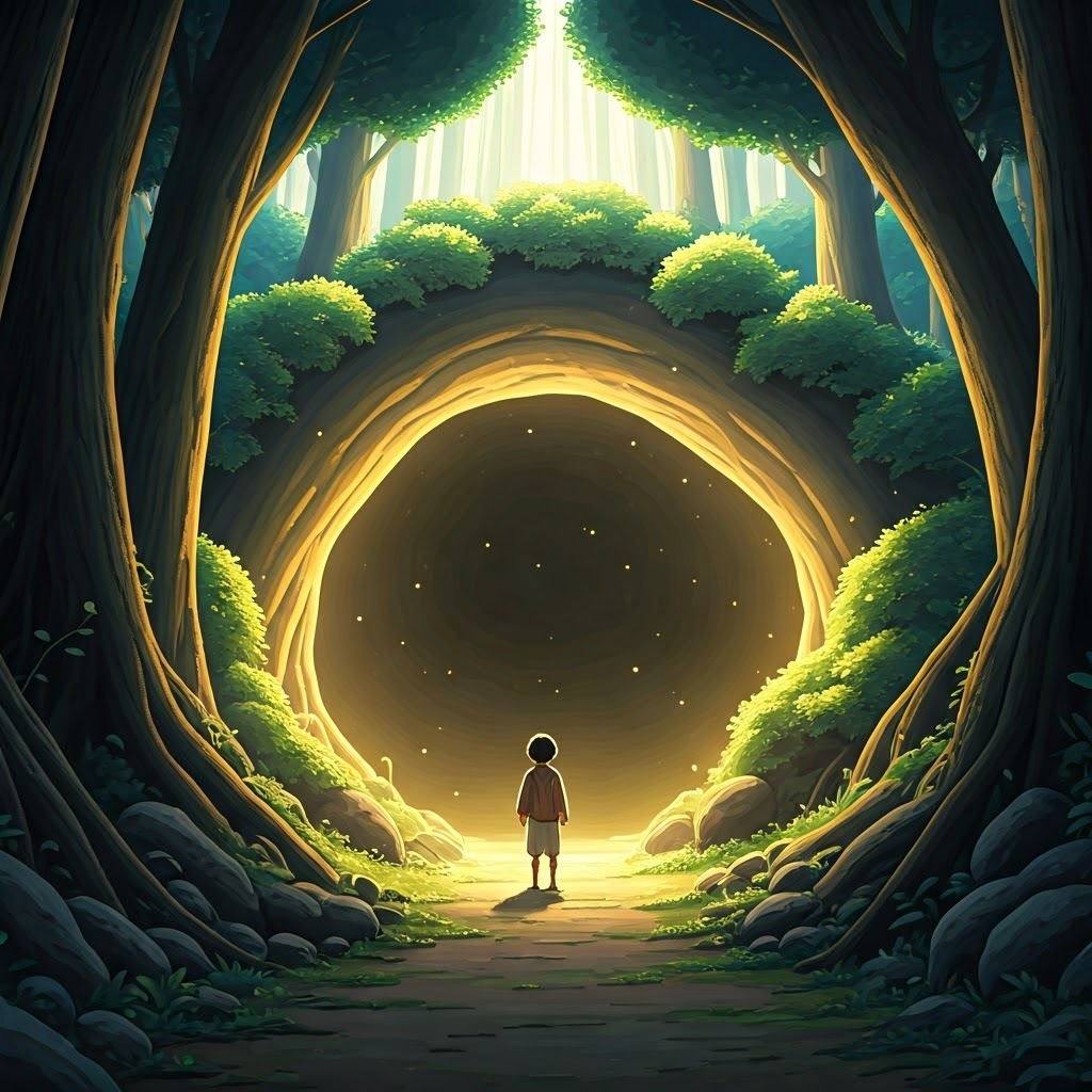 A mystical cave hidden in a clearing, surrounded by mist and glowing with an ethereal light