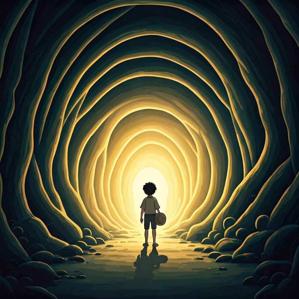 A young boy standing before a mysterious cave, his silhouette illuminated by the magical glow emanating from within