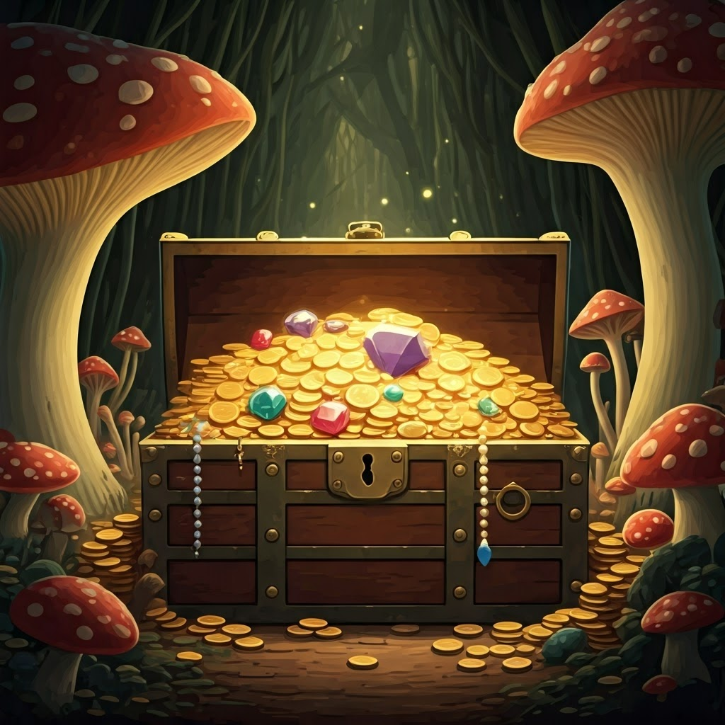 A treasure chest overflowing with gold coins, jewels, and precious stones, surrounded by glowing mushrooms