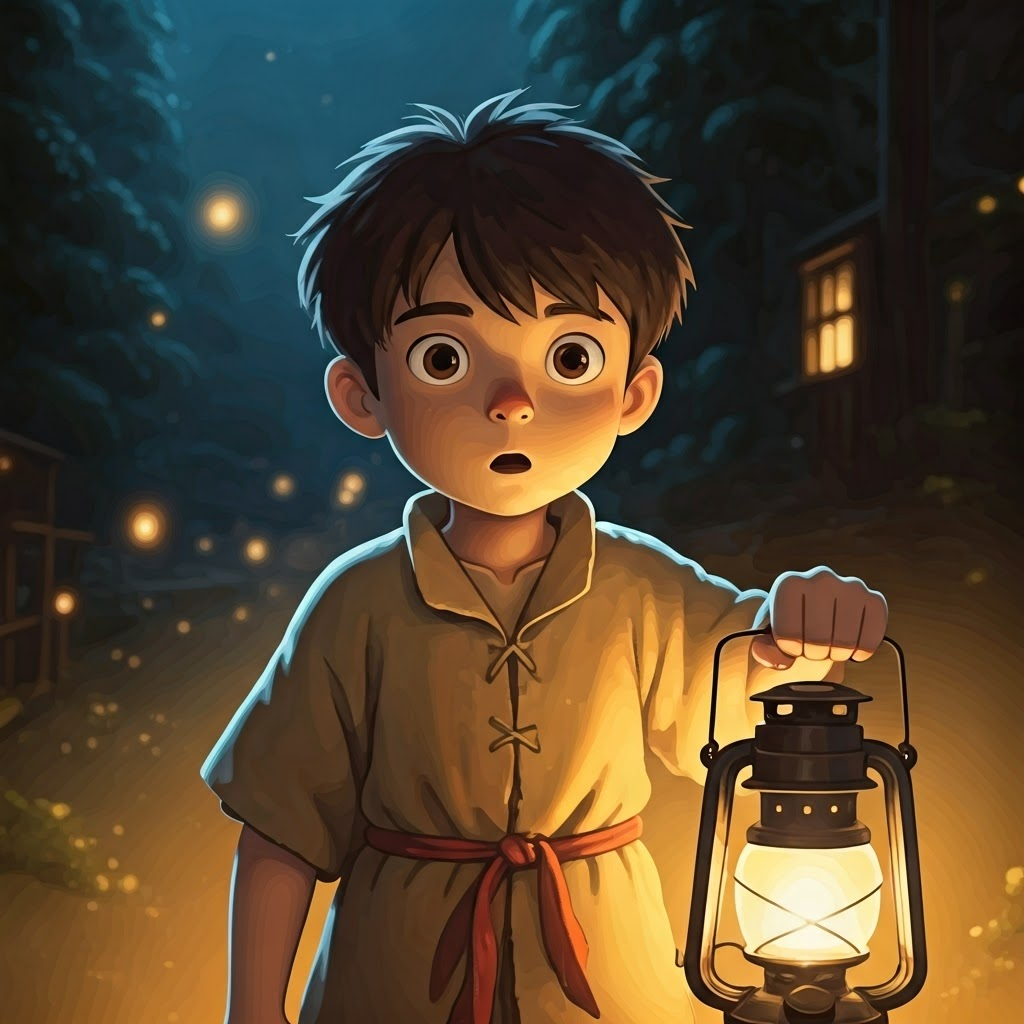 A young boy with wide, excited eyes, holding a lantern and looking determined