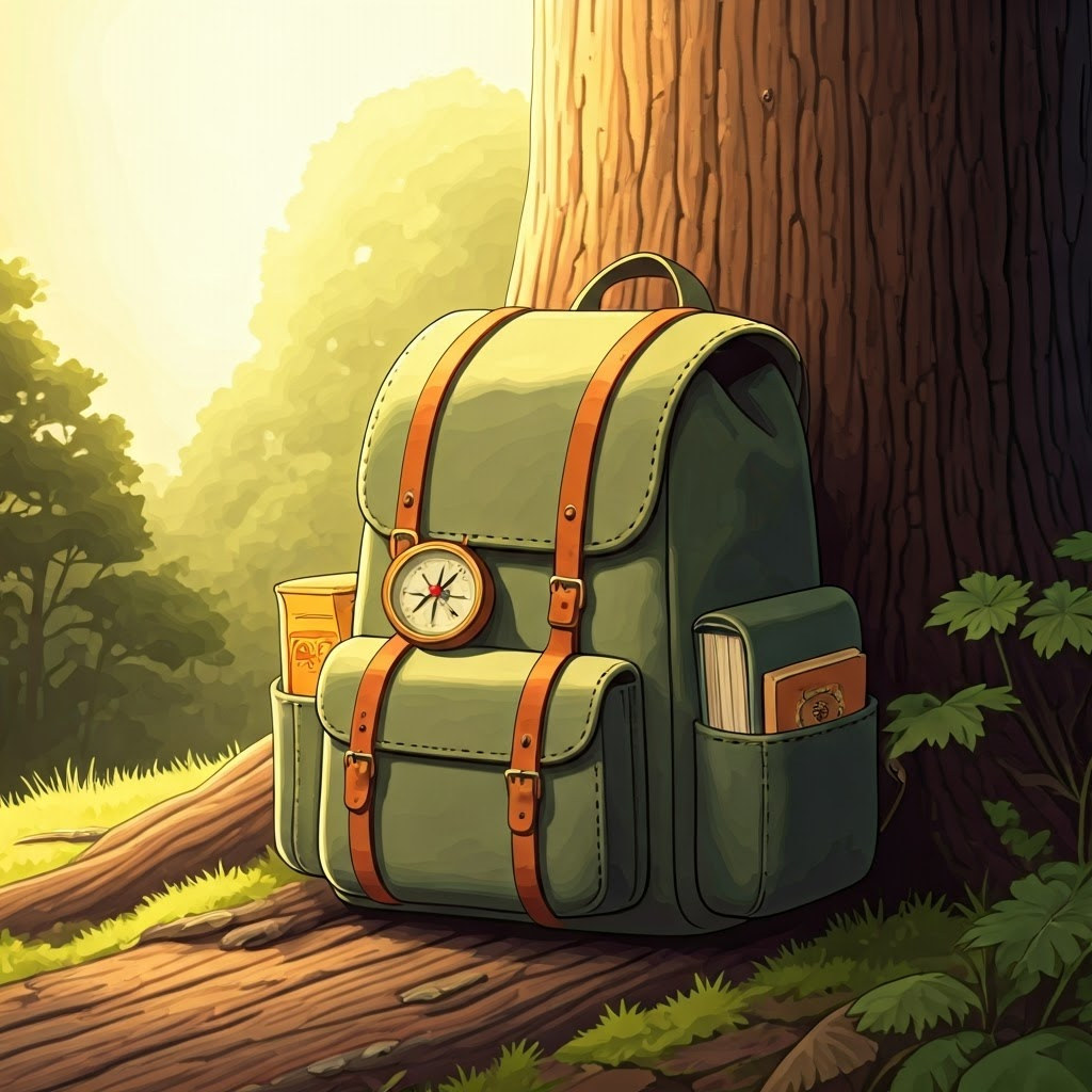 A child's backpack overflowing with a compass, a book, and snacks, leaning against a tree trunk