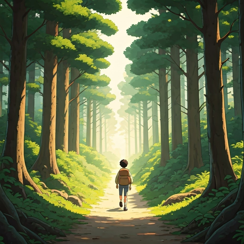 A young boy with a backpack walking towards a forest, sunlight filtering through the leaves