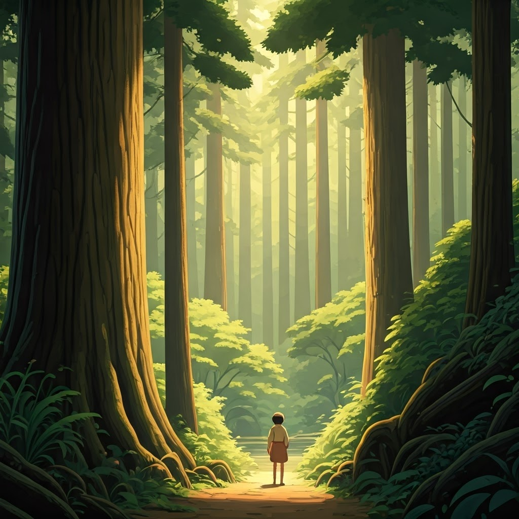 Sunlight filtering through the leaves of towering trees in a dense forest
