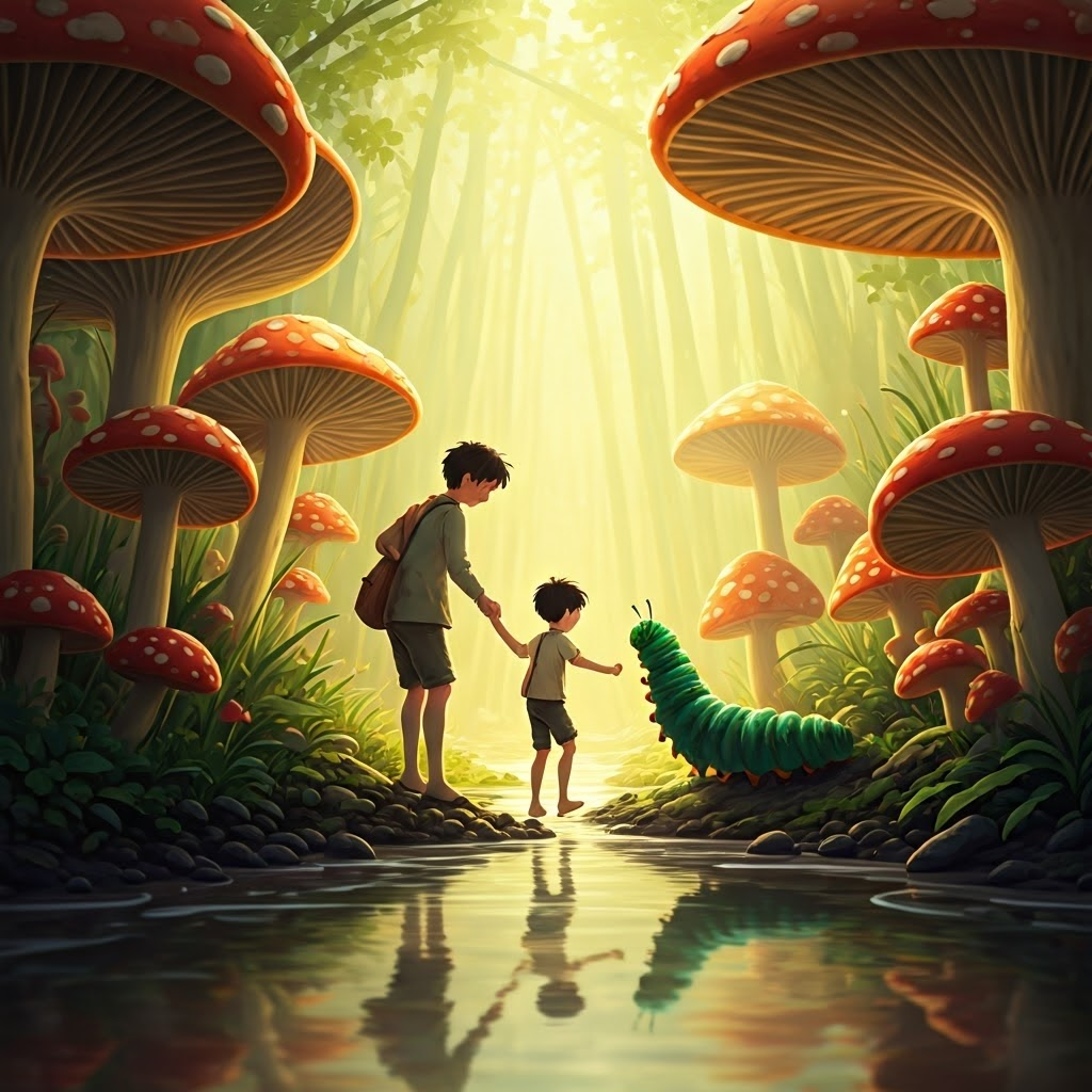 A young boy helping a caterpillar cross a puddle, surrounded by colorful mushrooms