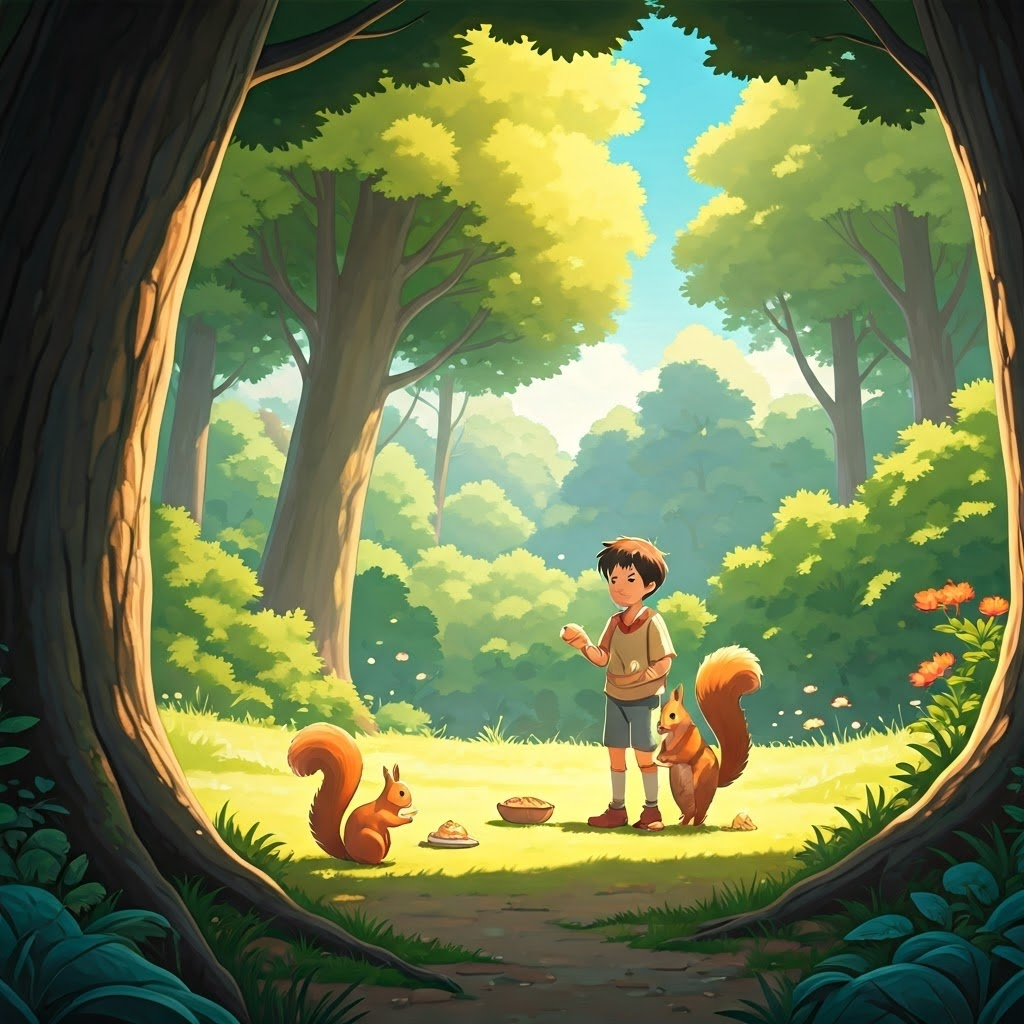 A young boy singing and sharing his food with squirrels in a sunny forest clearing