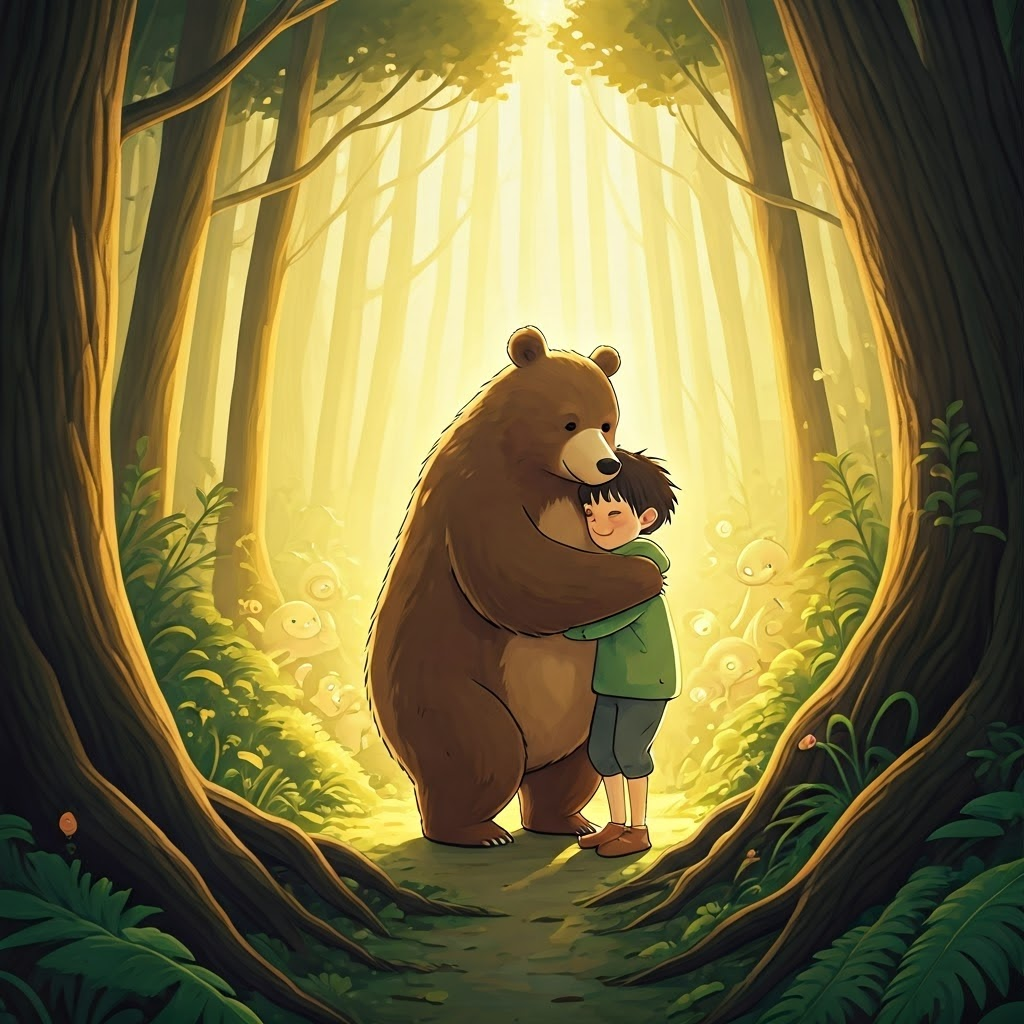 A young boy hugging a bear, surrounded by playful forest sprites
