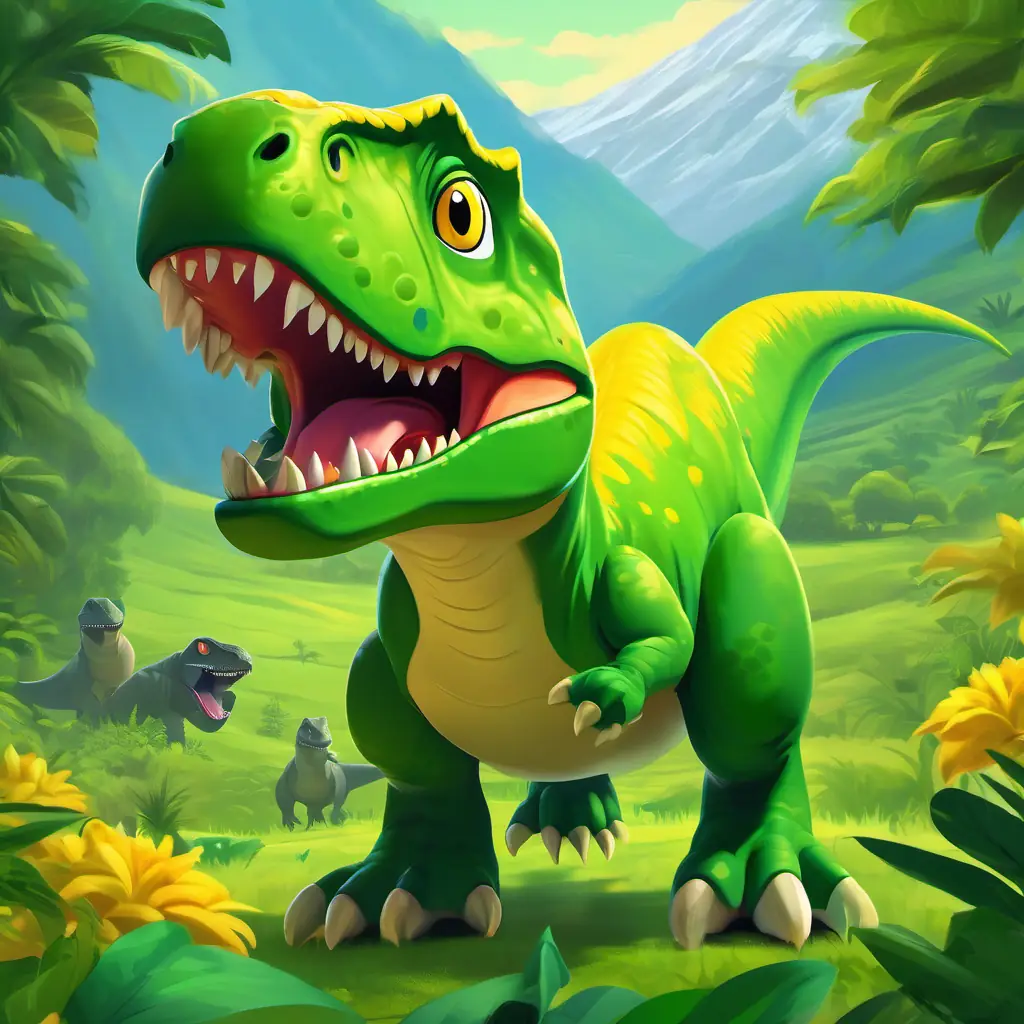 Small green T-Rex, with bright yellow eyes in a lush green valley, eager to find his mother, surrounded by friendly dinosaurs.