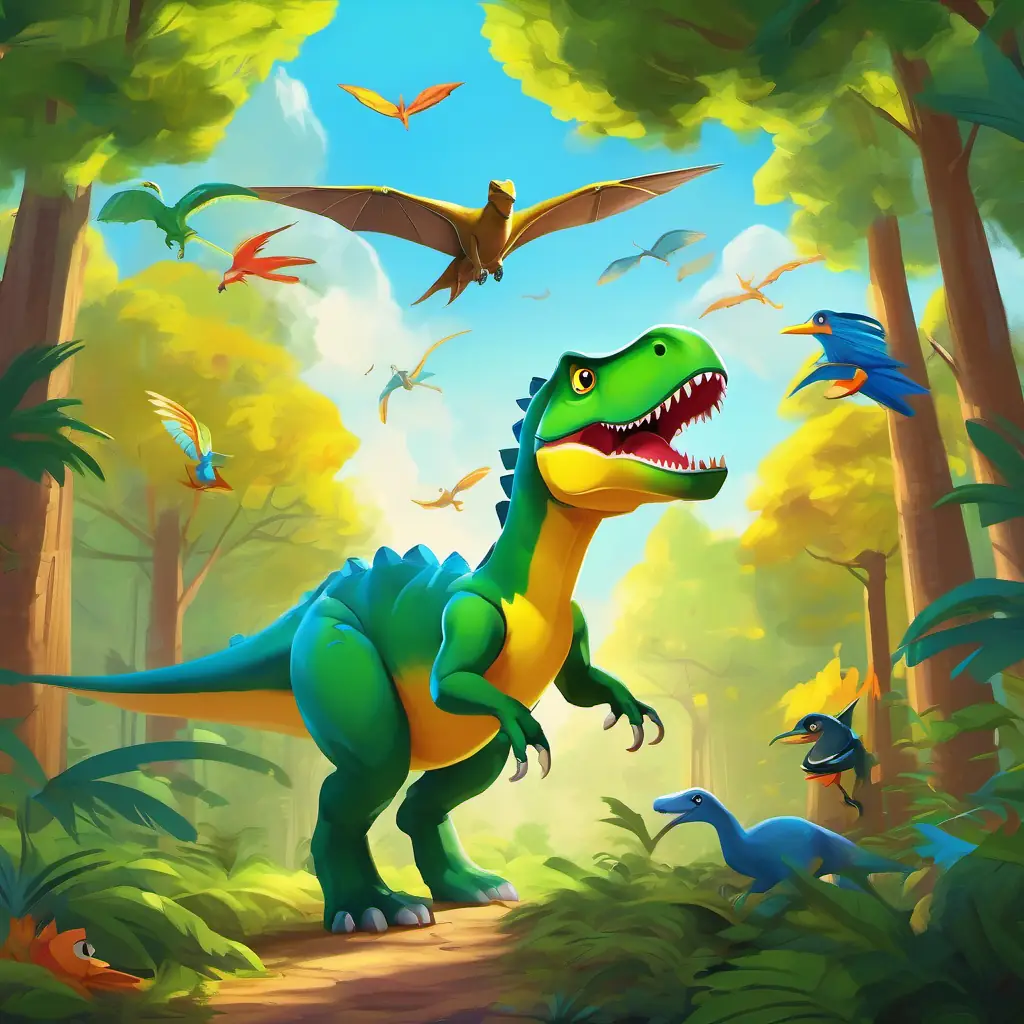 Small green T-Rex, with bright yellow eyes and Playful brown pterodactyl with big blue wings flying over tall trees, with colorful birds and friendly dinosaurs below.