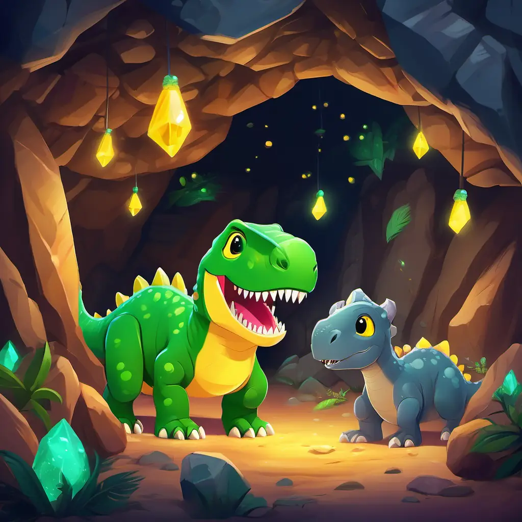 Small green T-Rex, with bright yellow eyes and Brave gray triceratops with kind brown eyes finding shelter in a cozy cave, surrounded by colorful crystals and fireflies.