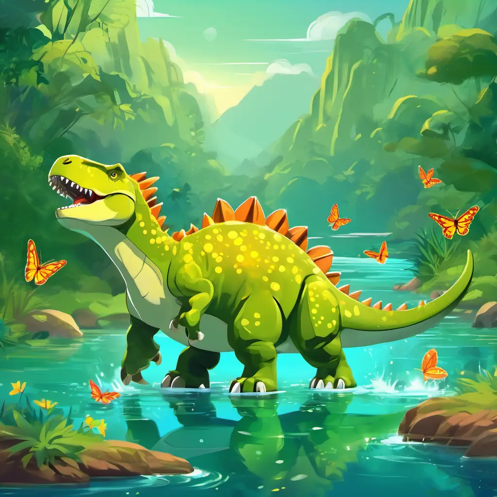 Small green T-Rex, with bright yellow eyes and Brave gray triceratops with kind brown eyes crossing a sparkling river on Friendly green stegosaurus with colorful back plates's tail bridge, with butterflies fluttering around them.