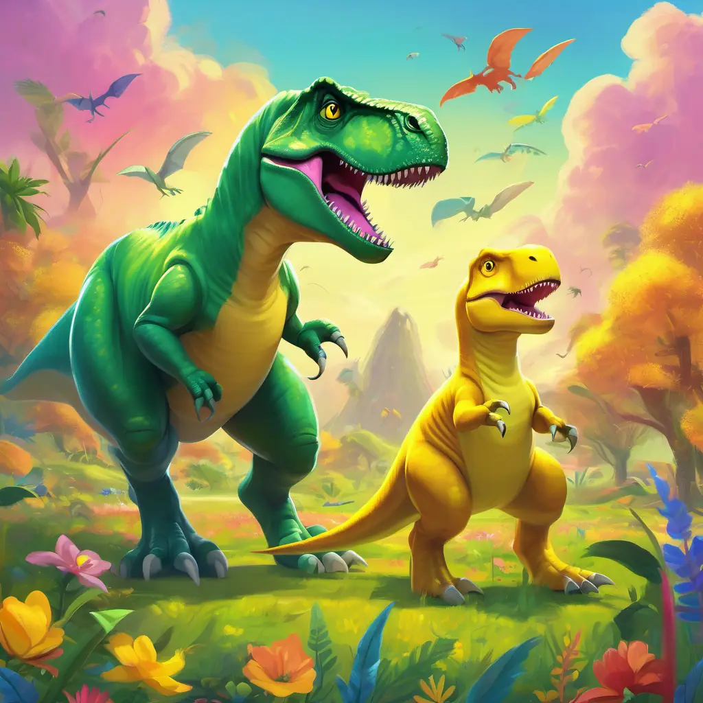 Small green T-Rex, with bright yellow eyes reuniting with his mother in a colorful meadow, with friendly dinosaurs joining in a lively dance party.