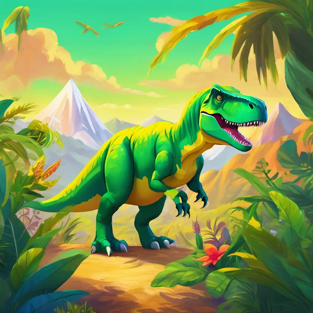 Small green T-Rex, with bright yellow eyes and his friends enjoying their time together, surrounded by towering mountains and colorful plants.