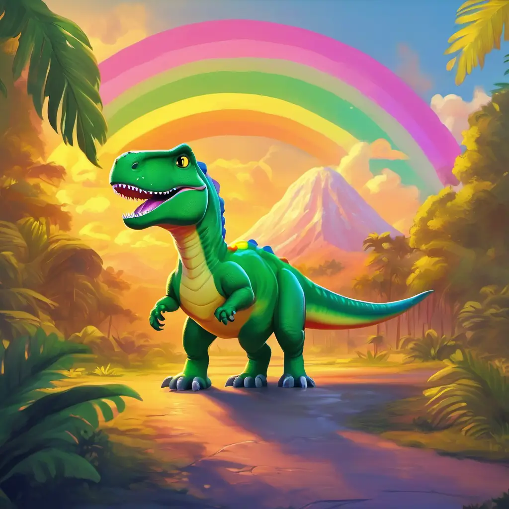 Small green T-Rex, with bright yellow eyes and his friends standing proudly together, with a bright rainbow in the sky and a warm sunset.