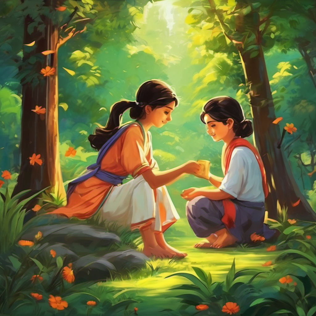 इस कहानी का संदेश है, खेलो अन्य एंगल्स बातचित सया।
(The moral of this story is, play the game of communication with other angels.) चिंता-चकित रहे निरंस नहीं, मैंत्री बने उपकारी सया।
(Stay worry-free and never be discouraged; become a helpful and compassionate friend.)