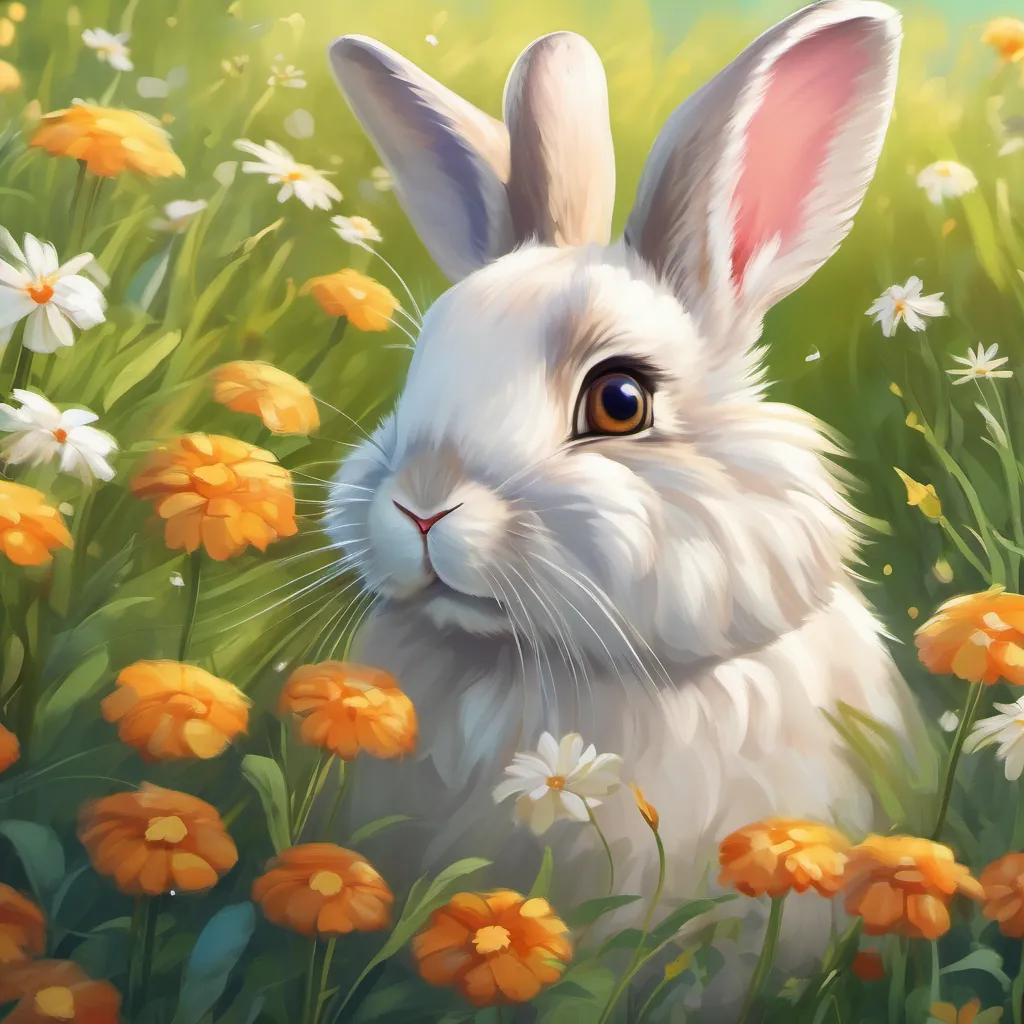 A cute rabbit with soft fur and curious eyes in a meadow, surrounded by flowers and fresh air, ready to explore.