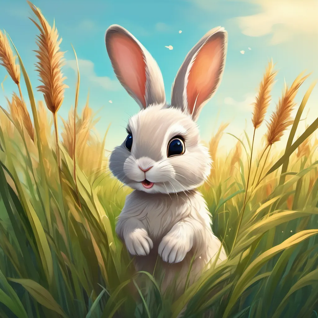 A cute rabbit with soft fur and curious eyes hopping through tall grass, discovering hidden paths in the meadow.