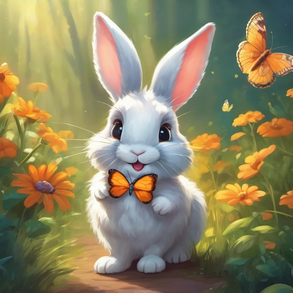 A cute rabbit with soft fur and curious eyes expressing gratitude to the butterfly; promise of return and welcome.