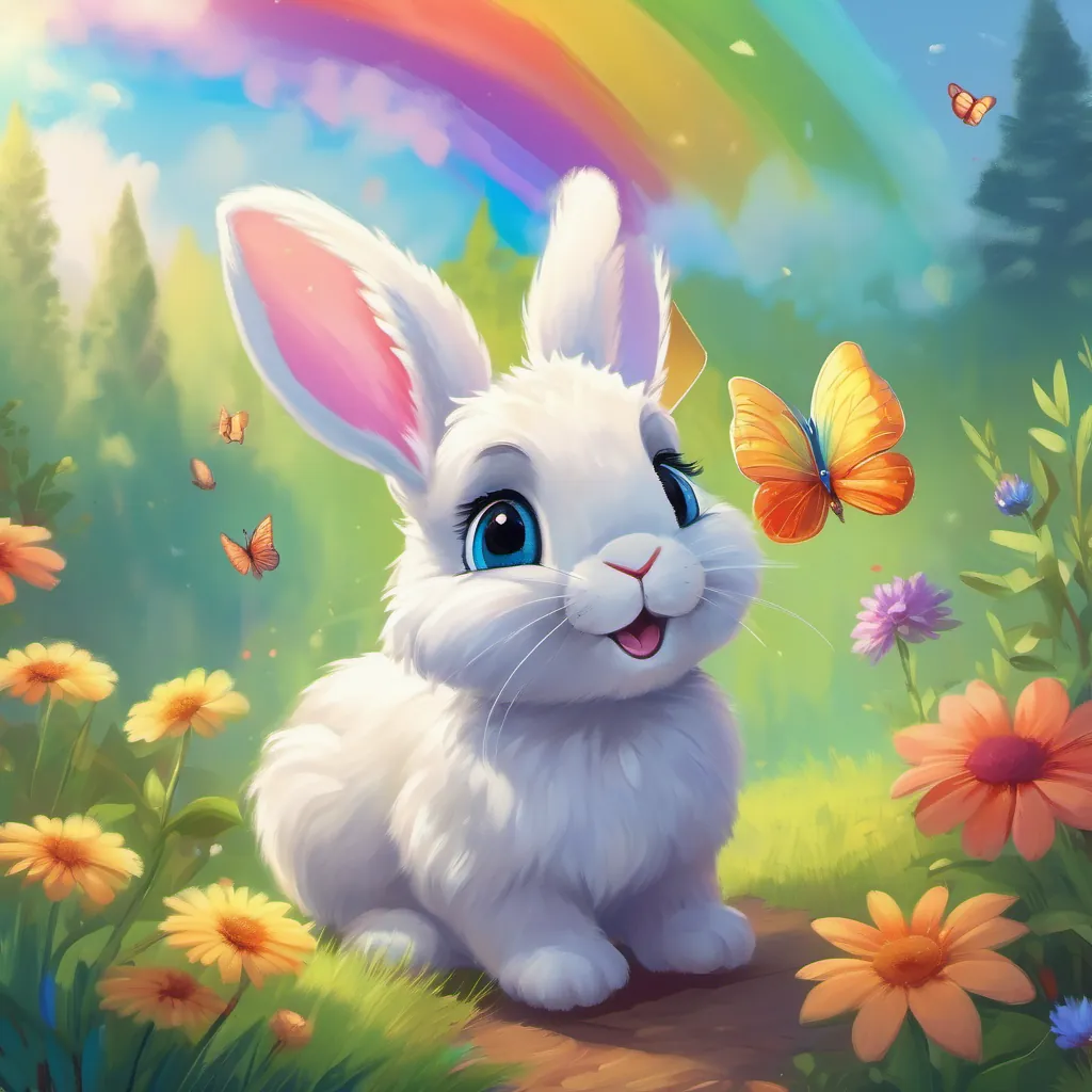 A cute rabbit with soft fur and curious eyes awed by a rainbow-colored butterfly fluttering nearby.
