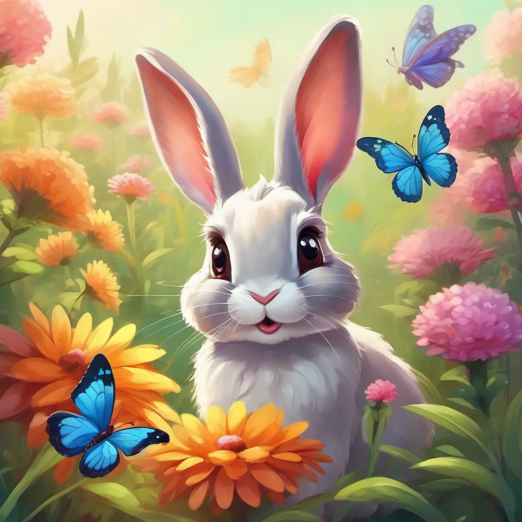 A cute rabbit with soft fur and curious eyes greeting the colorful butterfly, who has landed on a flower.