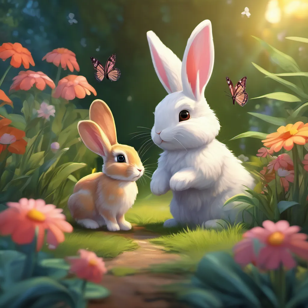 The butterfly inviting A cute rabbit with soft fur and curious eyes to a magical garden; A cute rabbit with soft fur and curious eyes excited to visit.