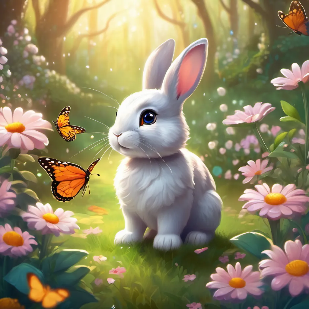 A cute rabbit with soft fur and curious eyes following the butterfly to a magical garden with sparkling, glowing flowers.