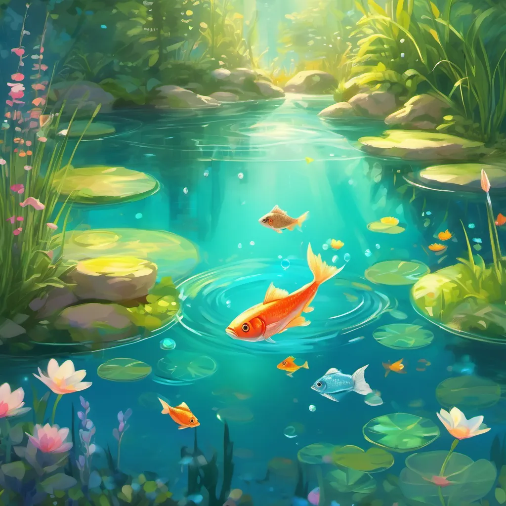 Magical garden pond with crystal-clear water and joyful little fish.