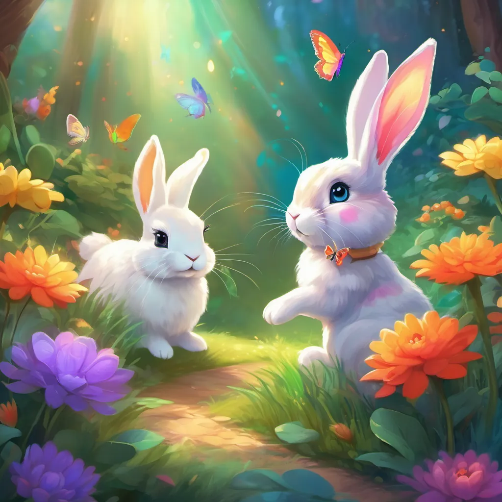A colorful butterfly with rainbow-hued wings welcoming A cute rabbit with soft fur and curious eyes to the magical garden; A cute rabbit with soft fur and curious eyes amazed by the beauty.