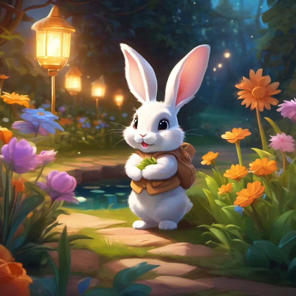 A cute rabbit with soft fur and curious eyes joyfully exploring the magical garden, interacting with flowers, pond, and lights.