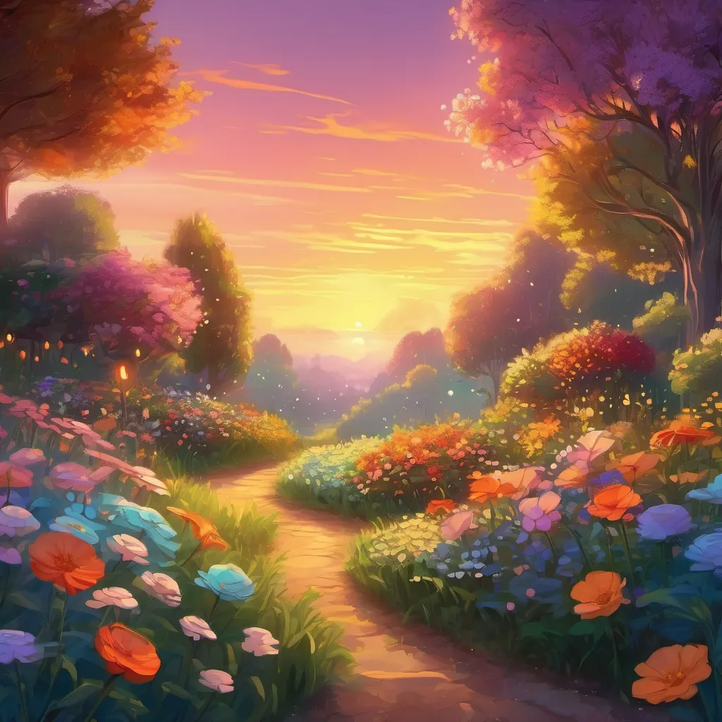 Magical garden transforming at sunset; lights glowing and flowers shimmering.