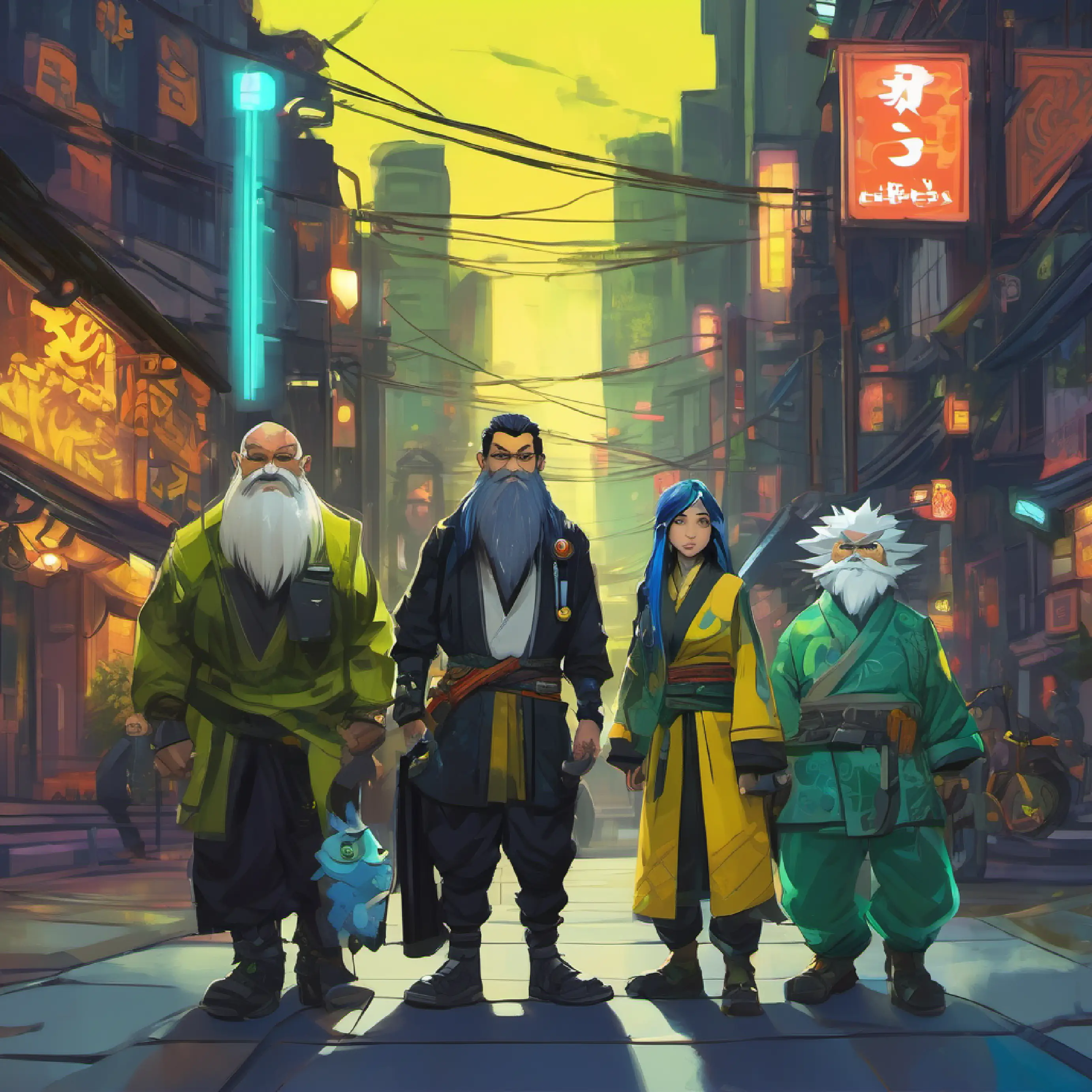 Setting the scene and introducing main characters. City at night, cyberpunk vibes. A ninja Yakuza with long black hair, sharp eyes, A doctor dwarf with a long white beard, twinkling blue eyes, and An engineer troll with mossy green skin, bright yellow eyes.