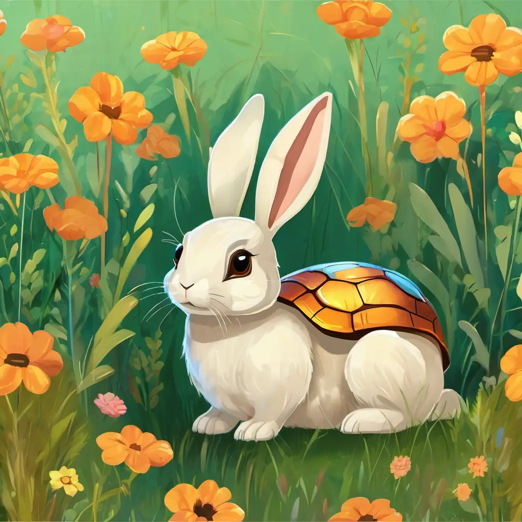 A sunny meadow with green grass and colorful flowers. The The rabbit is furry with grayish-brown skin and has big, brown eyes is a furry creature with long ears and fast legs. The The turtle has a hard, greenish-brown shell on its back and has small, black eyes is a small reptile with a hard shell on its back.