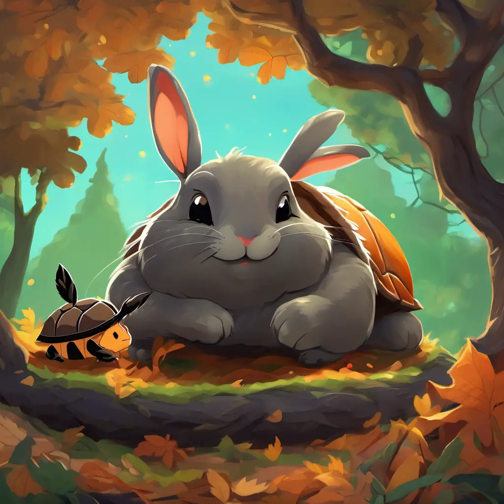 The The rabbit is furry with grayish-brown skin and has big, brown eyes sleeping under the tree, snoring softly. The The turtle has a hard, greenish-brown shell on its back and has small, black eyes is walking with determination, never giving up.