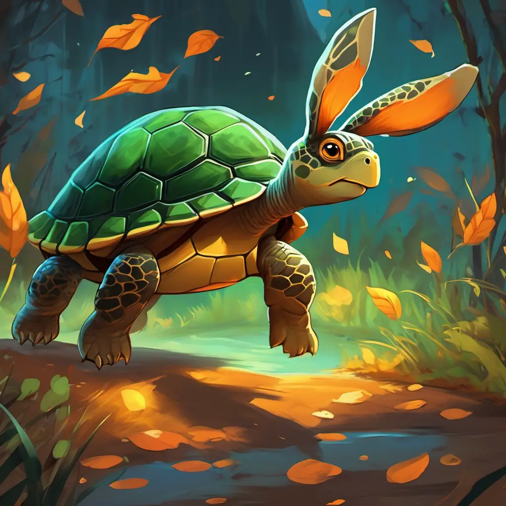 The The turtle has a hard, greenish-brown shell on its back and has small, black eyes reaching the finish line, cheered on by all the animals. The The rabbit is furry with grayish-brown skin and has big, brown eyes is running, looking determined but also regretful.