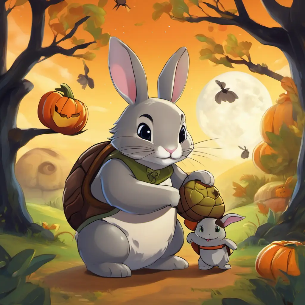 The message of the story. The The rabbit is furry with grayish-brown skin and has big, brown eyes and the The turtle has a hard, greenish-brown shell on its back and has small, black eyes are side by side, smiling and shaking hands.