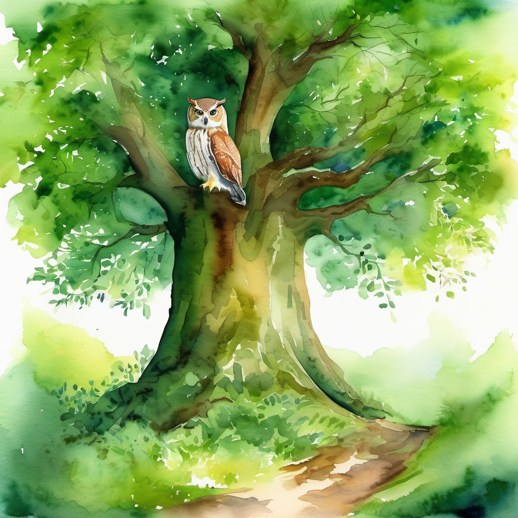 A picture of a big green forest with a tall oak tree. The tree has a hole where the wise old owl lives.