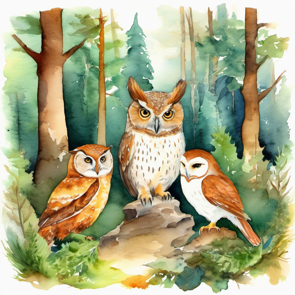 A picture of the animals in the forest gathered around the wise old owl, listening to his advice.