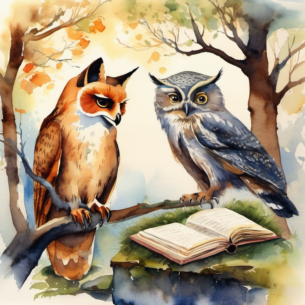 A picture of the wise old owl explaining to the young fox, with symbols representing wisdom and knowledge.