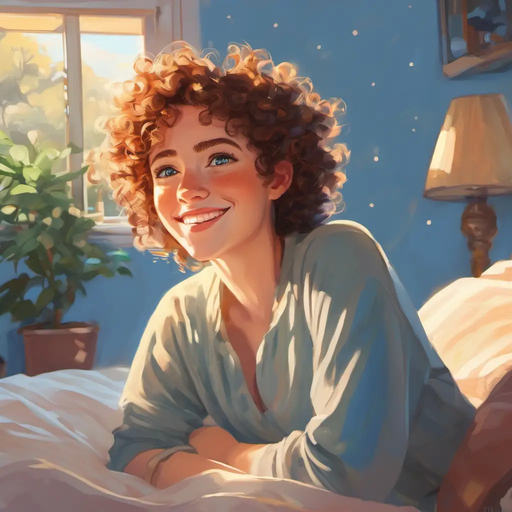 Curly hair, freckles, bright blue eyes, always smiling's bedroom, waking up, morning sunshine