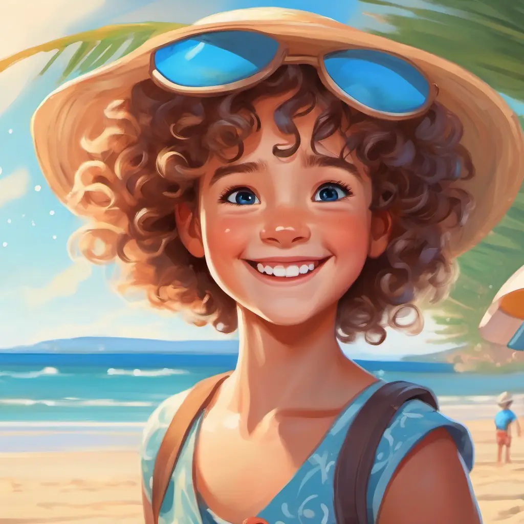 Curly hair, freckles, bright blue eyes, always smiling excited, family beach day, anticipation