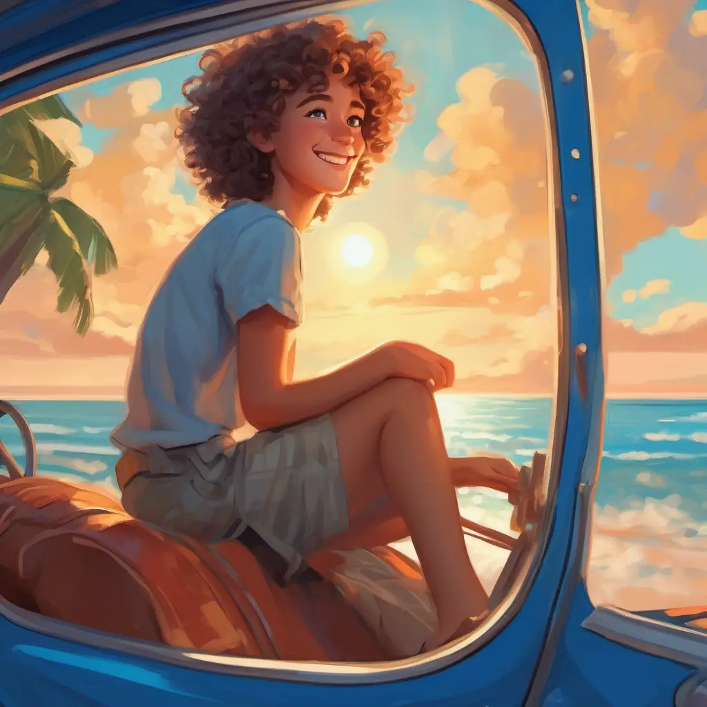 Ride home, sleepy Curly hair, freckles, bright blue eyes, always smiling, dreams of beach