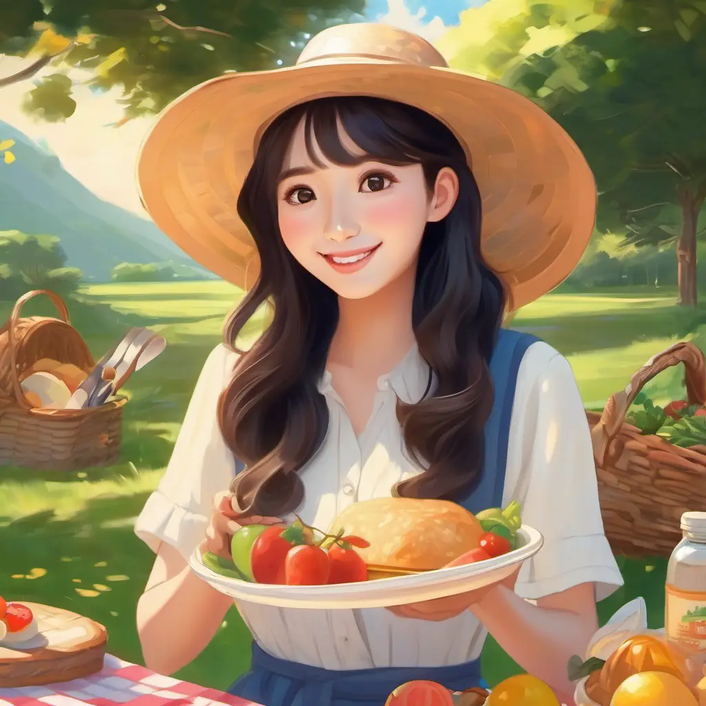 Long wavy hair, kind eyes, wears sun hat, loving preparing picnic, food items